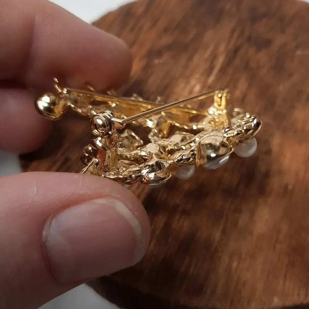 Tree of Angels Brooch Pin Clear Crystal Faux Pearl Gold Tone